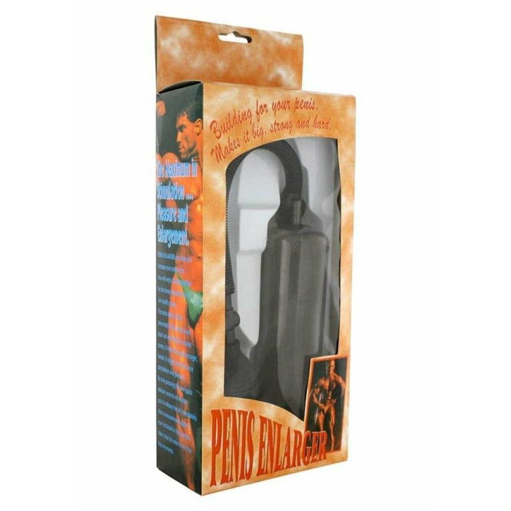 Produktverpackung mit transparentem Zylinder. Aufschrift: PENIS ENLARGER. Text: Building for your penis. Make it big, strong and hard!
