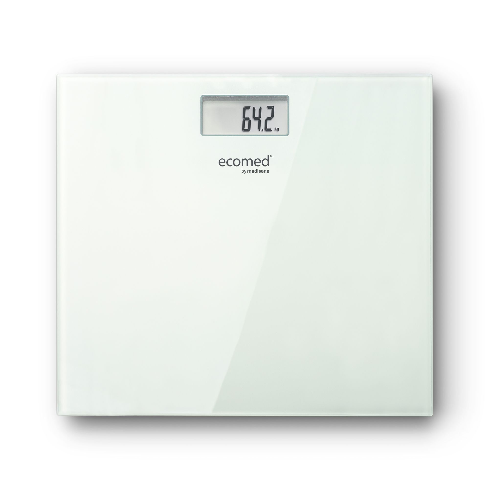 Weiße Glas Personenwaage mit digitaler Anzeige (64.2 kg). Marke: ecomed by medisana.