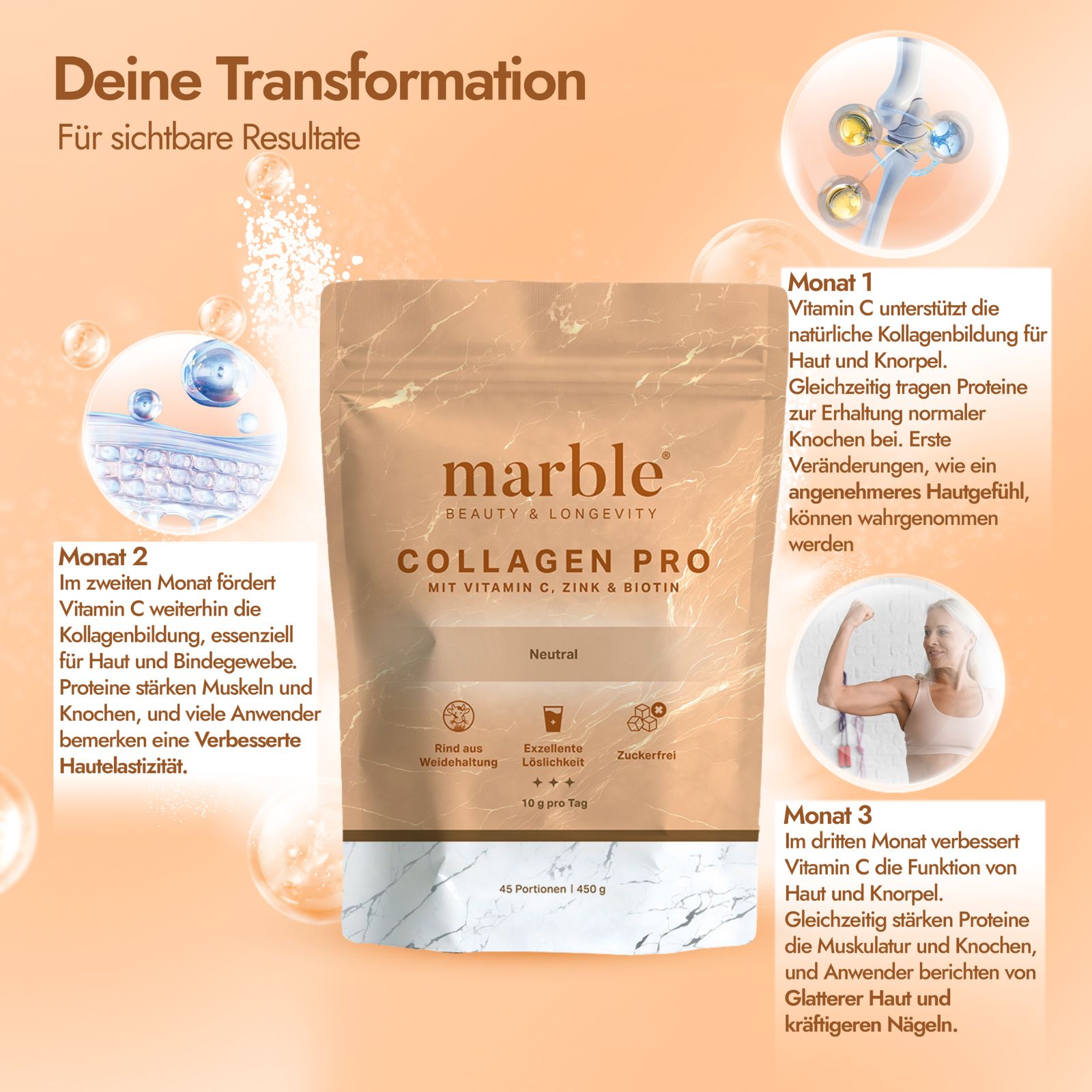 marble Collagen Pro Geschmacksneutral 450g – Reines Weidekollagen mit Vitamin C, Zink & Biotin