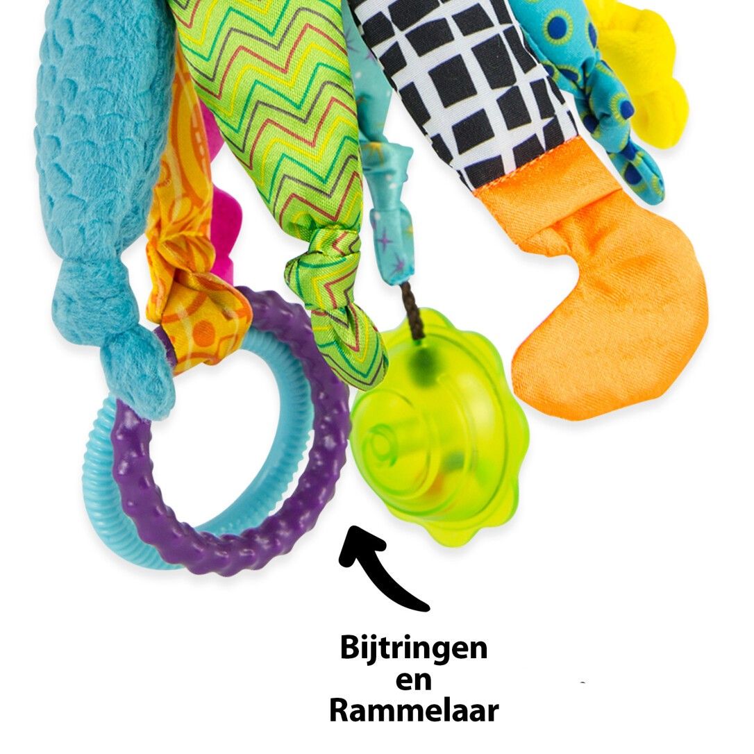 Nahaufnahme von Tentakeln und Zubehör. Beißring und Rassel. Verschiedene Farben und Texturen.