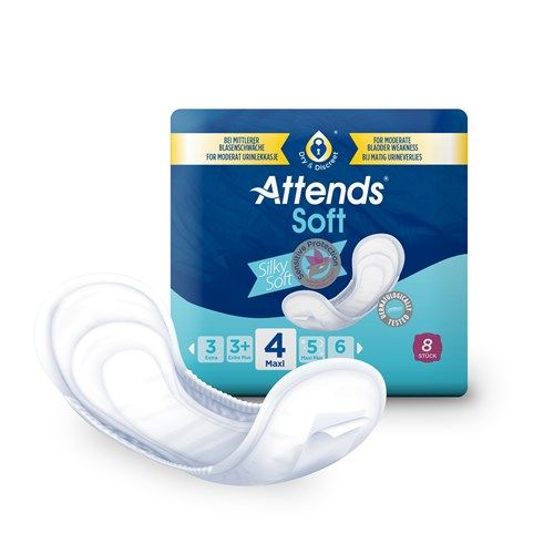 Attends Soft 4 Maxi Einlagen. Weiße, anatomisch geformte Einlage neben einer Packung. Packung mit Produktnamen, Größenangabe und 8 Stück.