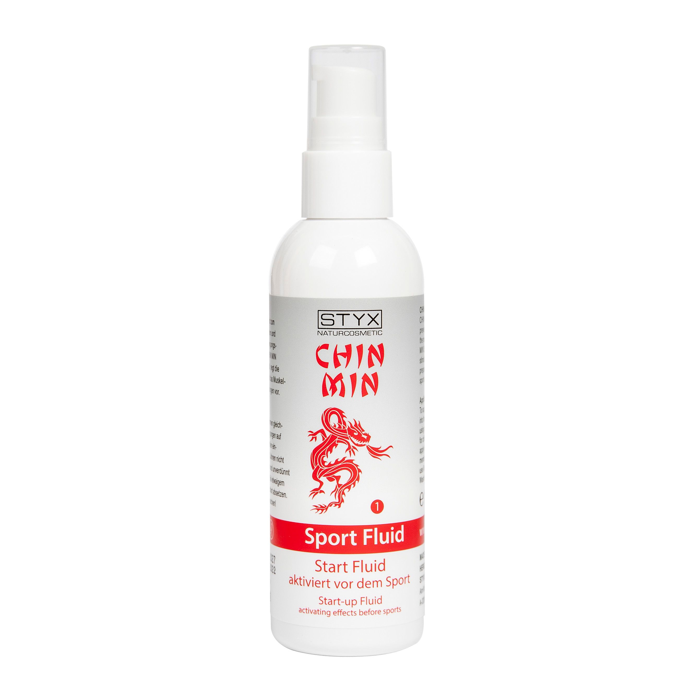 Weiße Flasche mit roter Aufschrift CHIN MIN Sport Fluid. Roter Drache. STYX Naturcosmetic. Start Fluid.