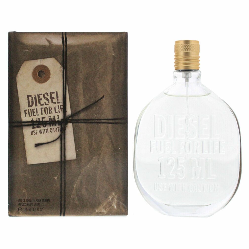 Runder Flakon mit goldfarbenem Verschluss und Verpackung. Aufschrift: DIESEL FUEL FOR LIFE 125 ML. Mit Etikett.
