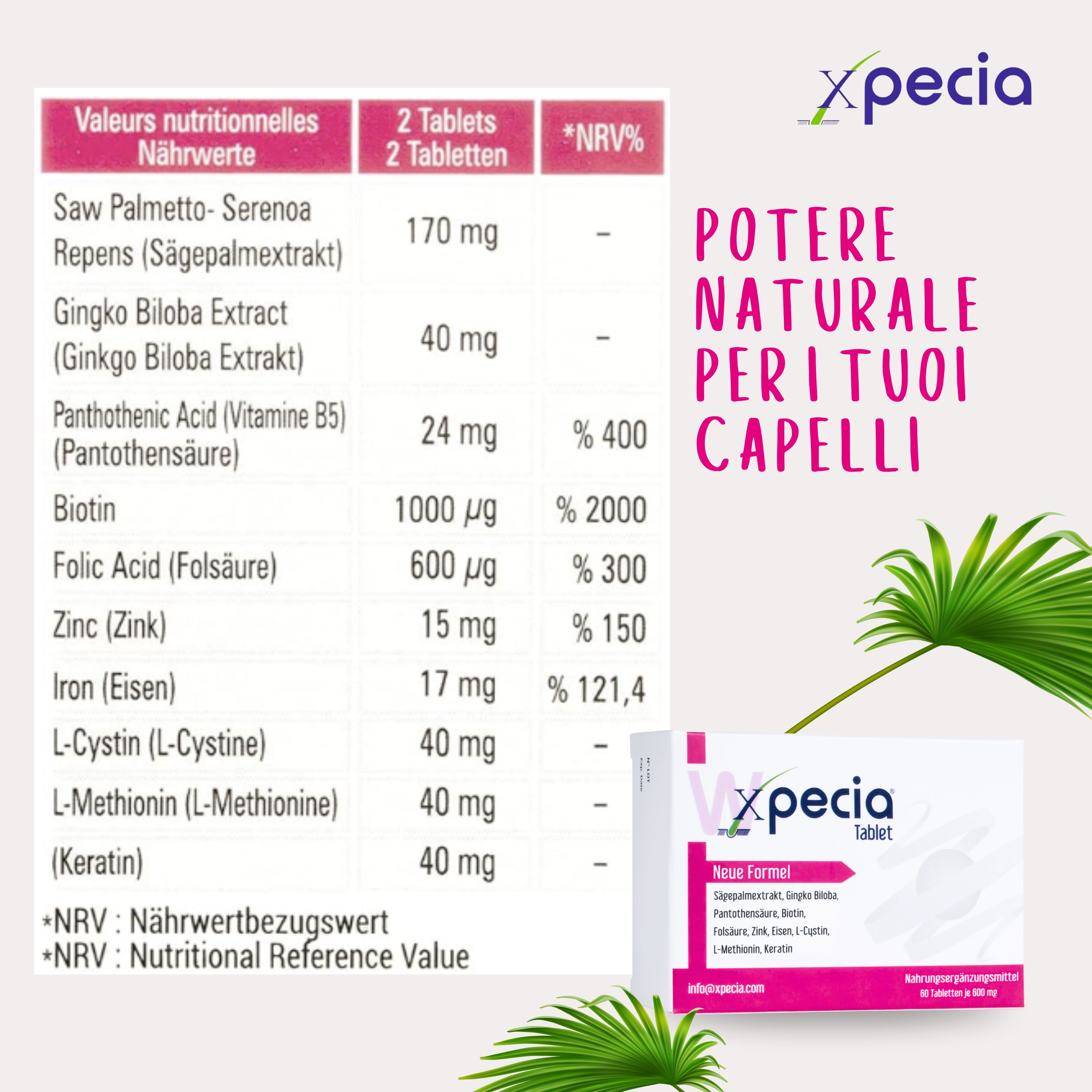 Tabella nutrizionale con ingredienti e quantità. Testo: Saw Palmetto, Ginkgo Biloba, Acido pantotenico, Biotina, Acido folico, Zinco, Ferro, L-Cistina, L-Metionina, Cheratina.