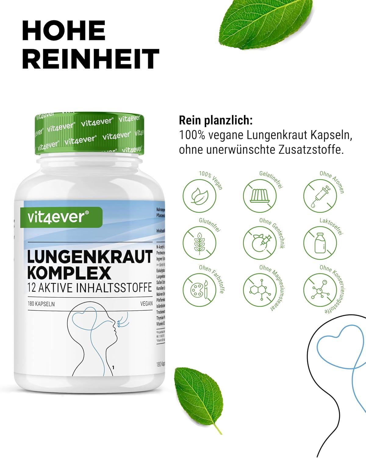 Produktflasche mit grünen Blättern. Aufschrift: vit4ever Lungenkraut Komplex, 12 aktive Inhaltsstoffe, 180 Kapseln, vegan. Symbole: vegan, glutenfrei.