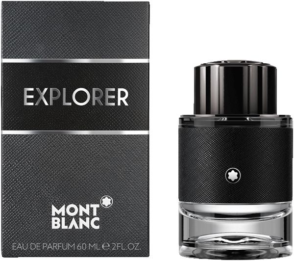 Montblanc Explorer Eau de Parfum Flakon und Verpackung. Schwarz, rechteckig, mit Logo und Schriftzug. 60ml.