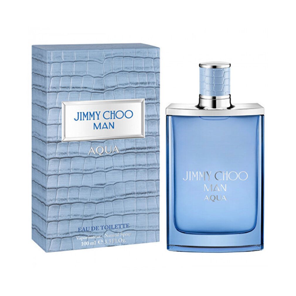 Hellblaues Parfümflakon und Verpackung. Aufschrift: JIMMY CHOO MAN AQUA. Verpackung mit Prägung. 100 ml.