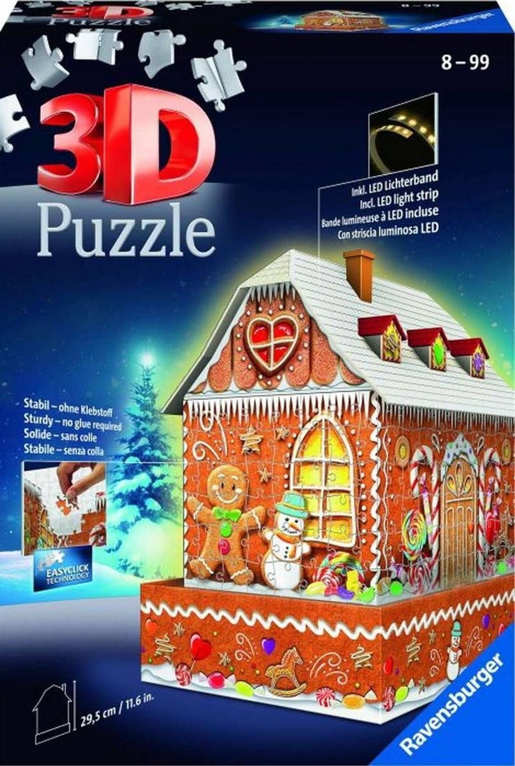 3D-Puzzle Lebkuchenhaus bei Nacht. Enthält LED-Lichtband. 29,5 cm hoch. Stabile Konstruktion ohne Klebstoff.
