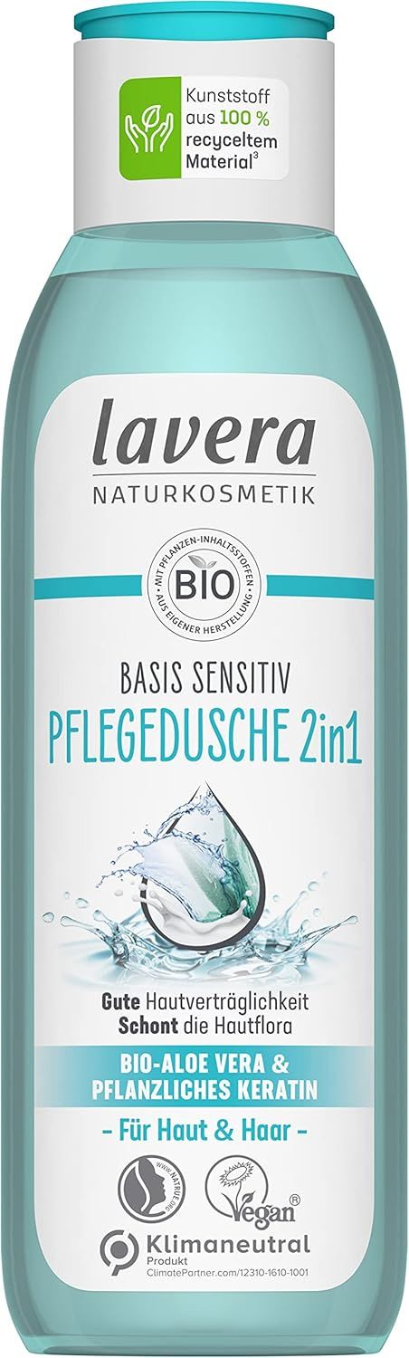 Hellblaue Flasche mit weißem Deckel. Aufschrift: lavera, Basis Sensitiv Pflegedusche 2in1. Bio-Aloe Vera & pflanzliches Keratin.
