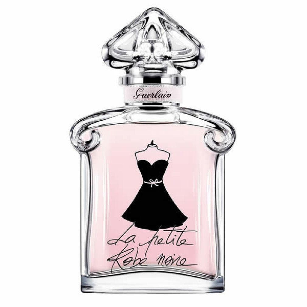 Parfümflakon mit rosa Flüssigkeit. Aufdruck eines schwarzen Kleides. Schriftzug: La petite Robe noire. Marke: Guerlain.