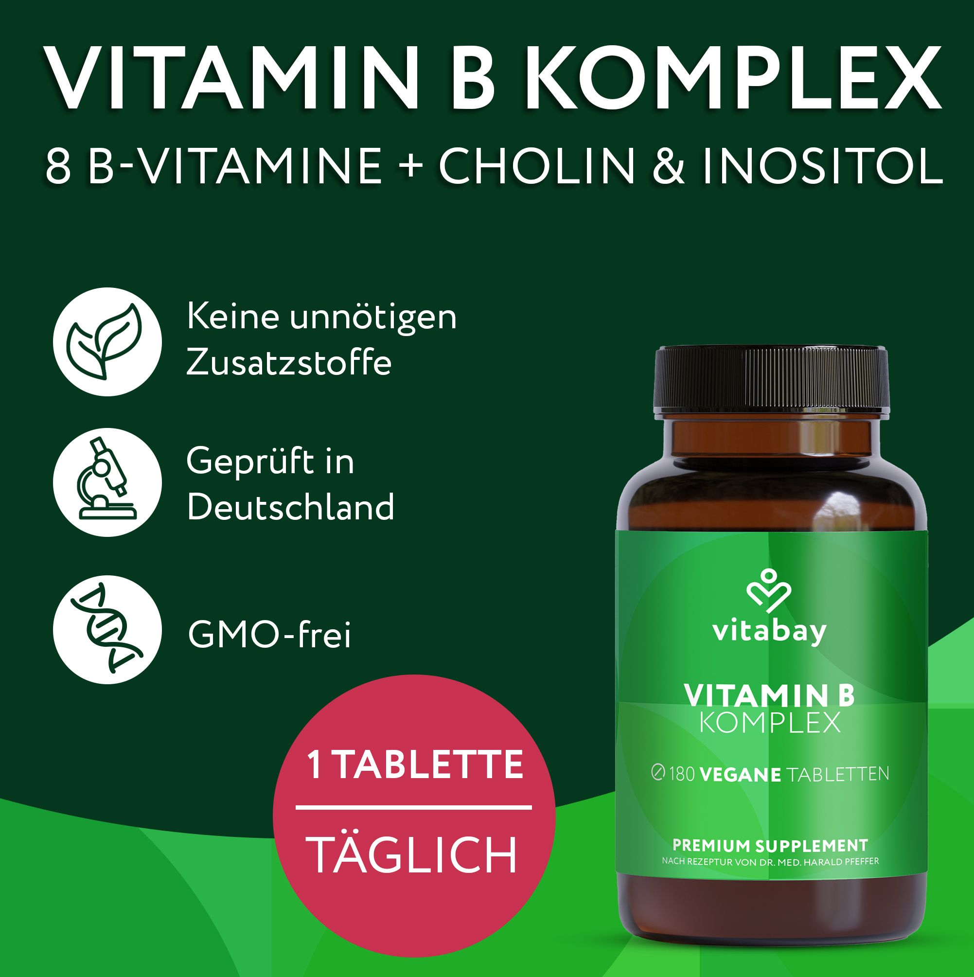 Vitabay Vitamin B Komplex: 8 B-Vitamine + Cholin & Inositol. Geprüft in Deutschland, GMO-frei.
