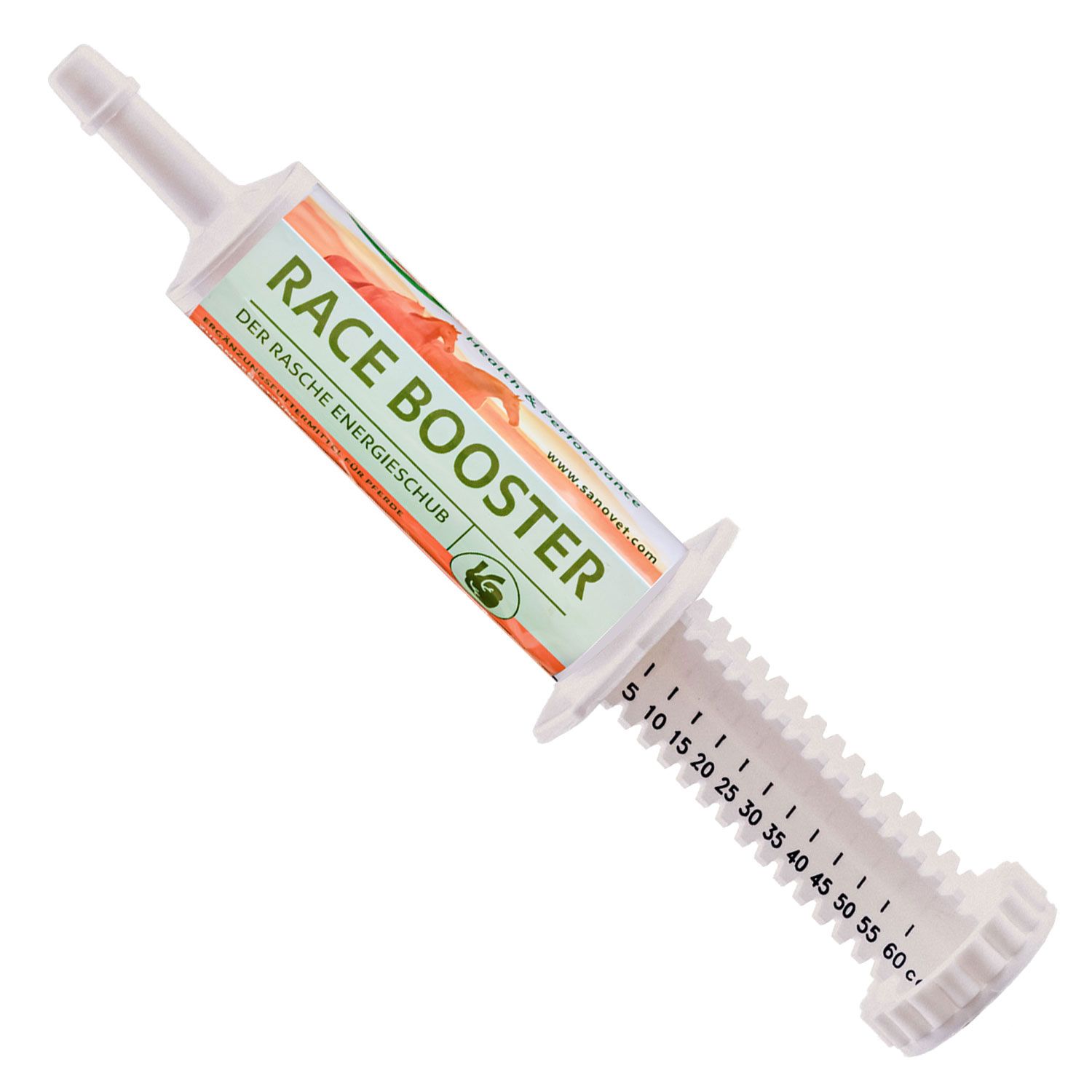 Spritze mit Aufschrift "RACE BOOSTER". Weiße Spritze mit Skala von 5 bis 60. Text: "DER RASCHE ENERGIESCHUB".