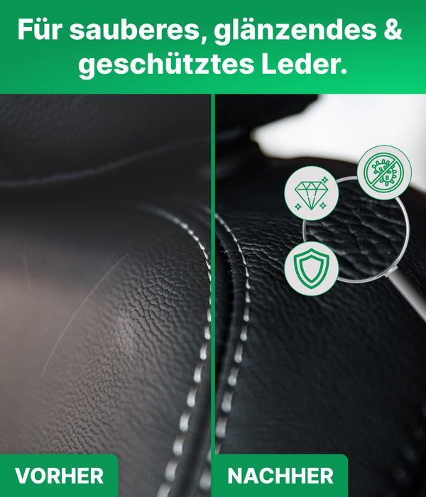 Vorher-Nachher-Vergleich von Leder. Links: zerkratztes Leder. Rechts: glänzendes Leder. Text: Für sauberes, glänzendes & geschütztes Leder.