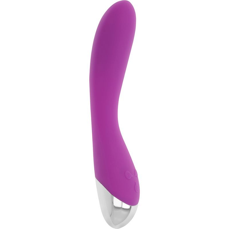 Lila Vibrator mit silberfarbenem Ende. Gebogene Form. Zwei Knöpfe. Glatte Oberfläche.