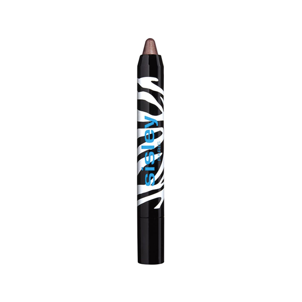 Sisley Phyto-Eye Twist. Schwarzer Stift mit Zebra-Muster und blauem Schriftzug. Spitze in Braun-Metallic.