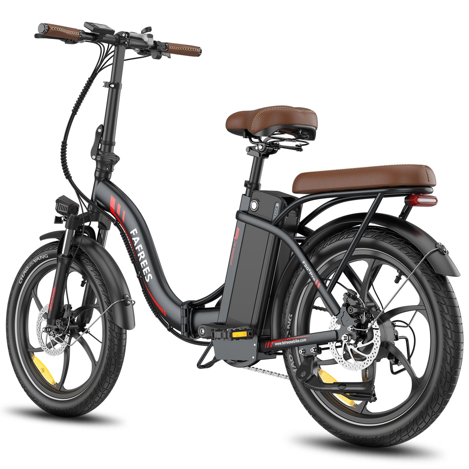 Faltbares E-Bike, schwarz mit braunem Sattel. Marke Fafrees. Sichtbare Details: Räder, Batterie, Schutzbleche, Gepäckträger.