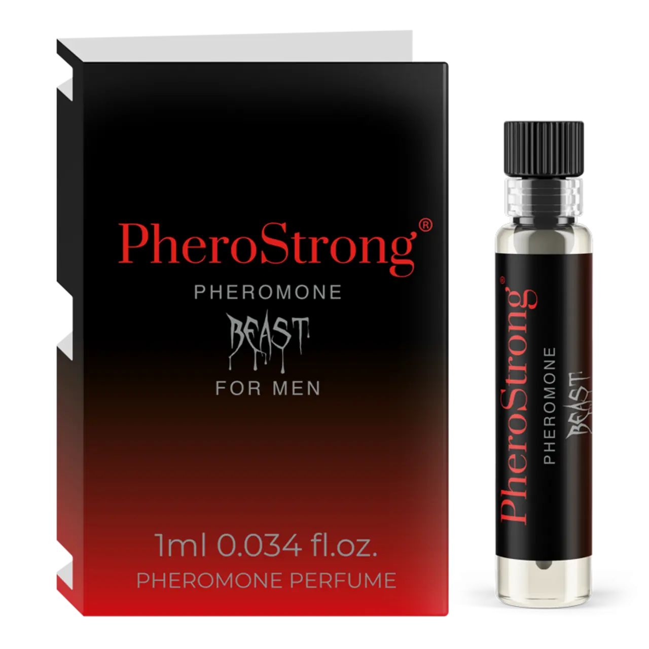 Schwarze Schachtel und Flakon. Auf der Schachtel steht "PheroStrong Pheromone Beast for Men". Flakon mit schwarzem Deckel, Produktname aufgedruckt.