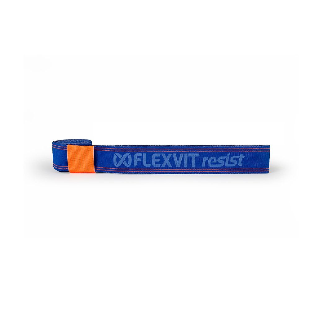 Blaues FLEXVIT Resist Band mit orangefarbenem Verschluss. Der Schriftzug FLEXVIT resist ist aufgedruckt.