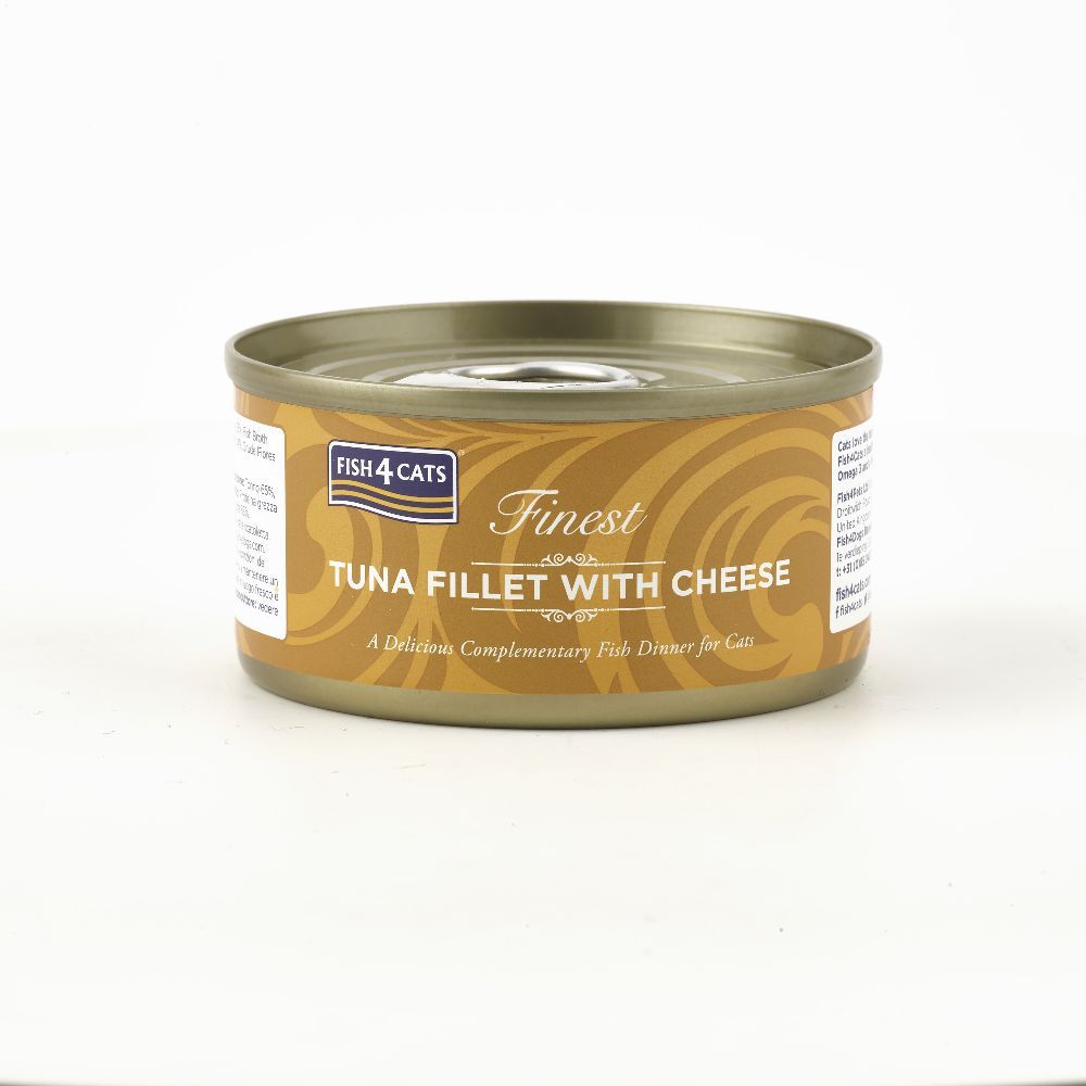 Geschlossene Dose Thunfischfilet mit Käse. Gelbe Dose mit Produktnamen und Logo.
