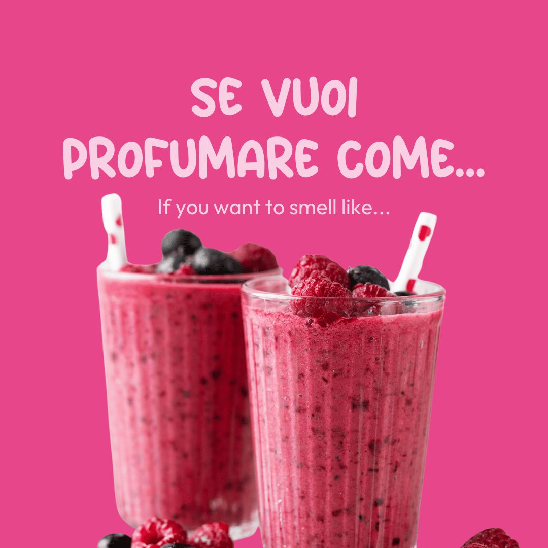 Sfondo rosa con due bicchieri di frullato. Il testo recita: "SE VUOI PROFUMARE COME..." Sotto, due bicchieri di frullato con cannucce e bacche.
