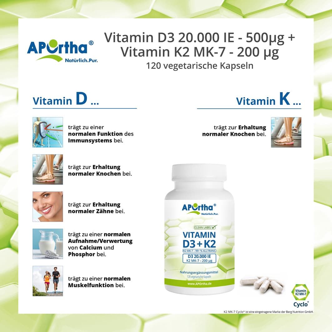 APOrtha® Vitamin D3 20.000 IE + Vitamin K2 MK-7 Cyclo® 200 µg - Kapseln