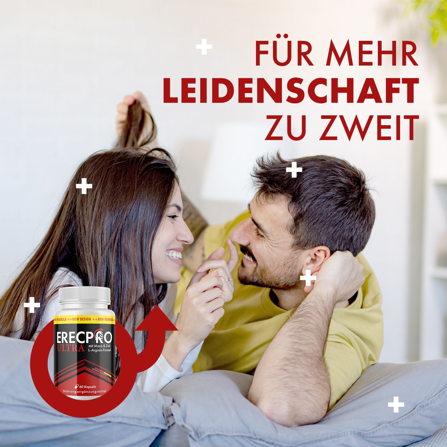 Paar im Bett, lächelt. Flasche ERECPRO ULTRA, 60 Kapseln. Text: FÜR MEHR LEIDENSCHAFT ZU ZWEIT.