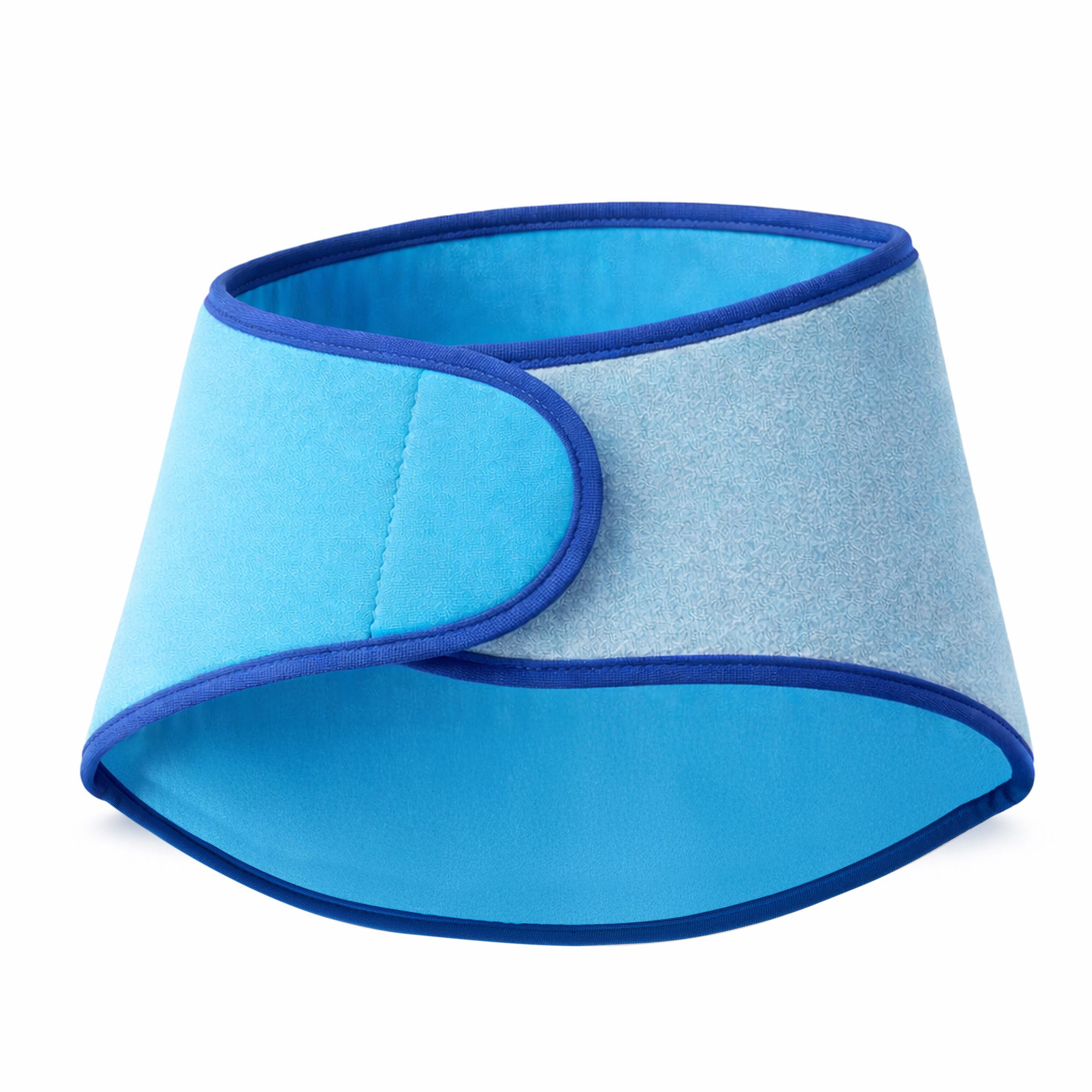 Blaues Nackenkissen mit Klettverschluss. Blaue Umrandung.