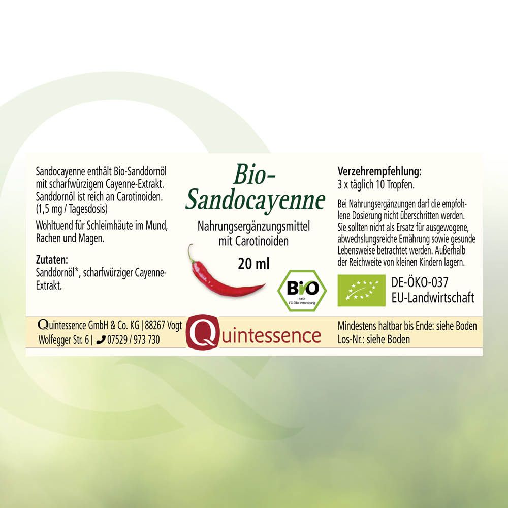 Etikett mit Produktinformationen. Bio-Sandocayenne, 20 ml, Zutaten, Verzehrempfehlung, Bio-Siegel.