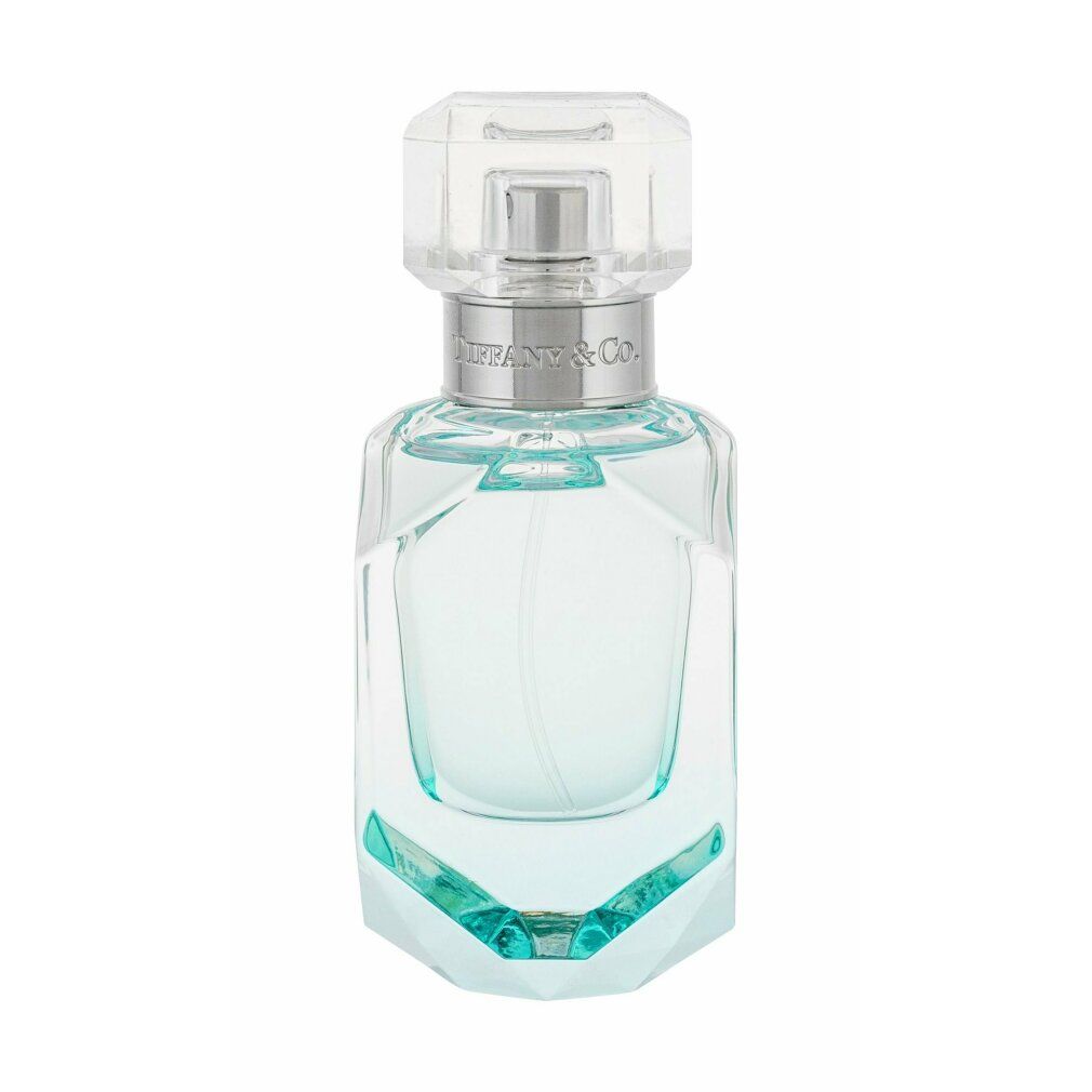 Glasflakon mit hellblauer Flüssigkeit. Transparenter Deckel. Silberfarbener Hals mit Schriftzug Tiffany & Co.