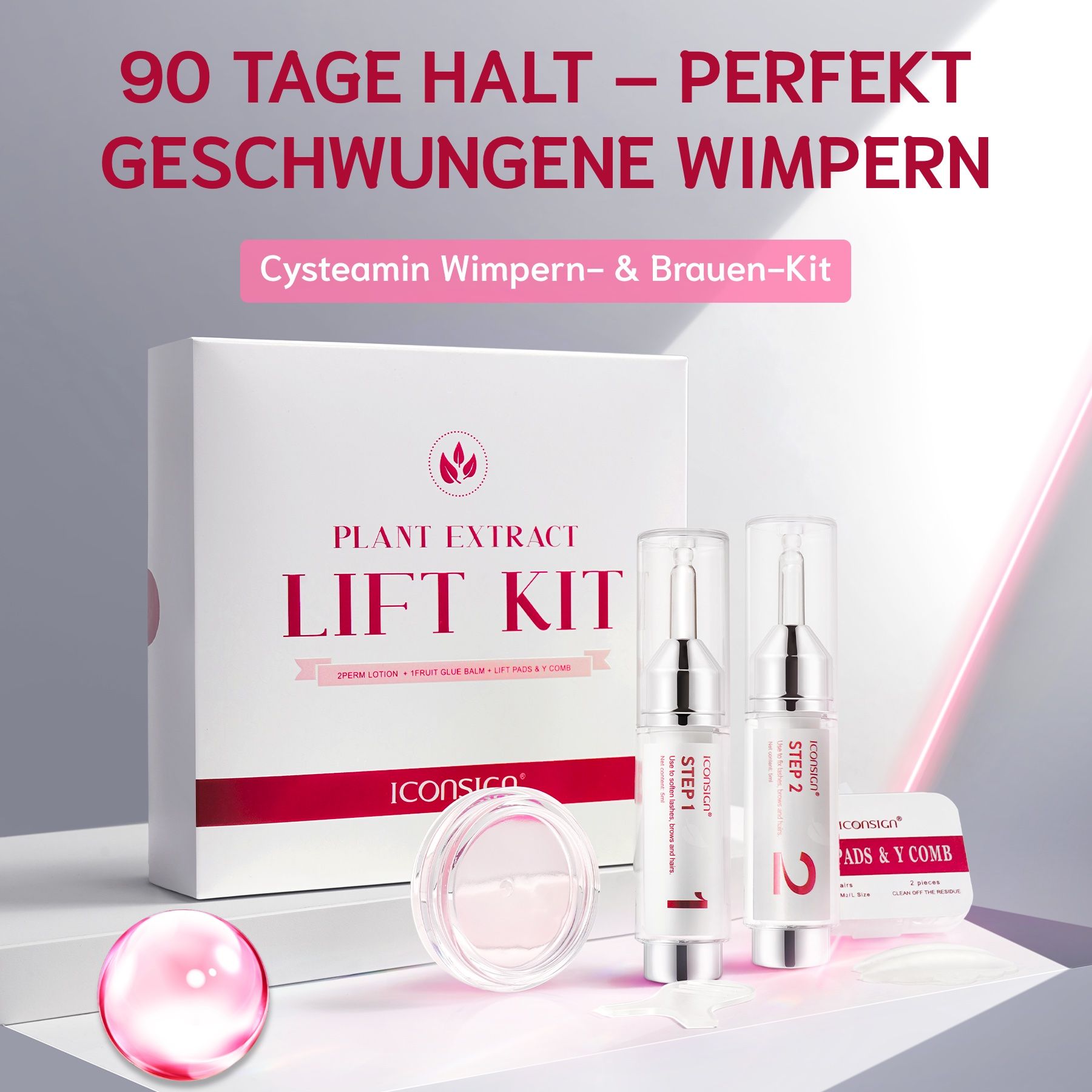 Box mit Produkt-Set. Enthält Flaschen, Behälter, und Zubehör. Text: 90 Tage Halt, Cysteaamin Wimpern- & Brauen-Kit.