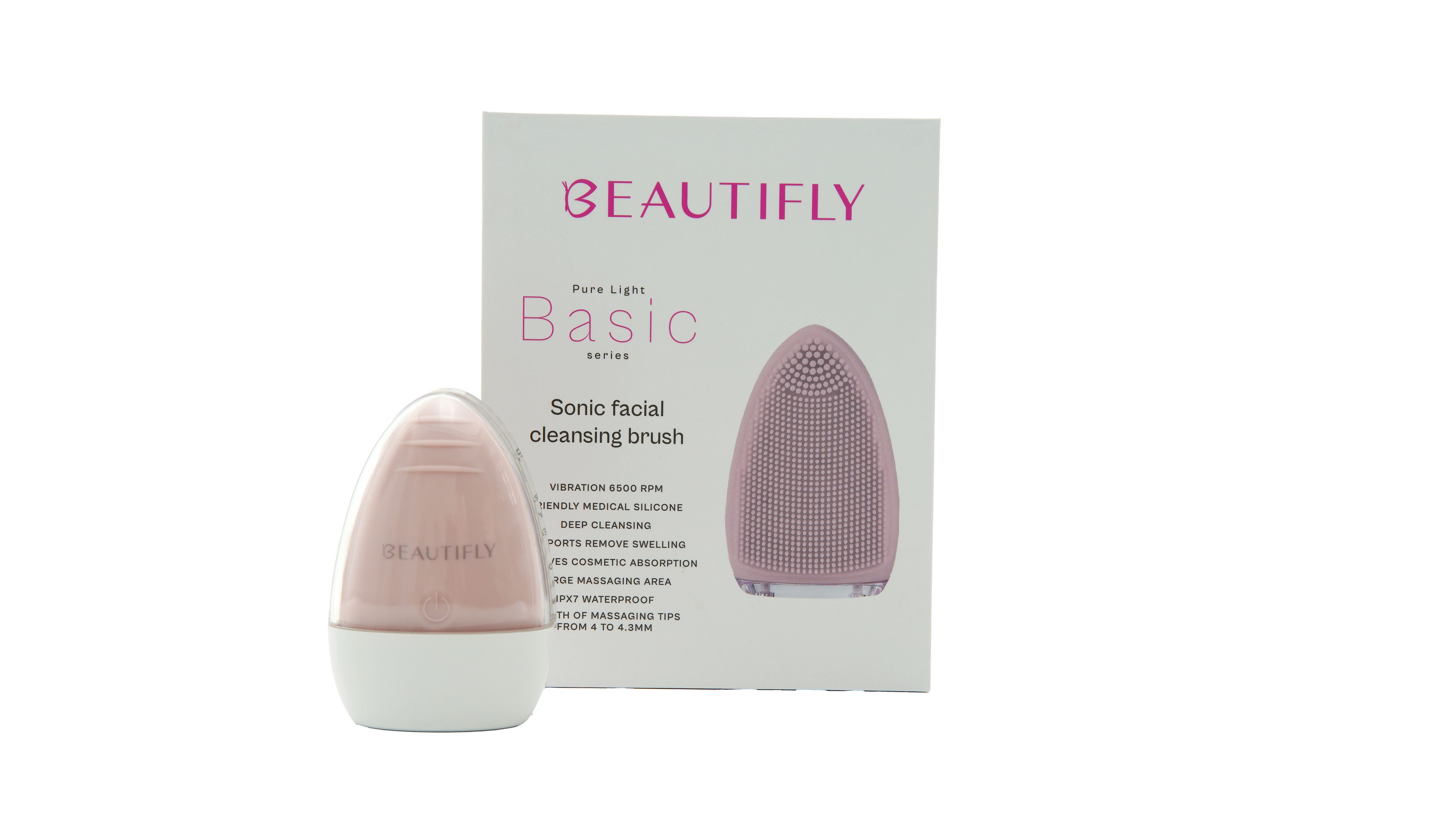 Verpackung mit rosa Schall-Gesichtsbürste. Marke BEAUTIFLY. Text: Sonic facial cleansing brush. 