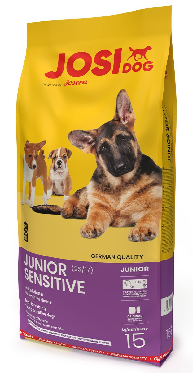Gelbe Tüte mit JosiDog-Logo und Welpen. Aufschrift: Junior Sensitive. 15 kg. Futter für junge, sensible Hunde.