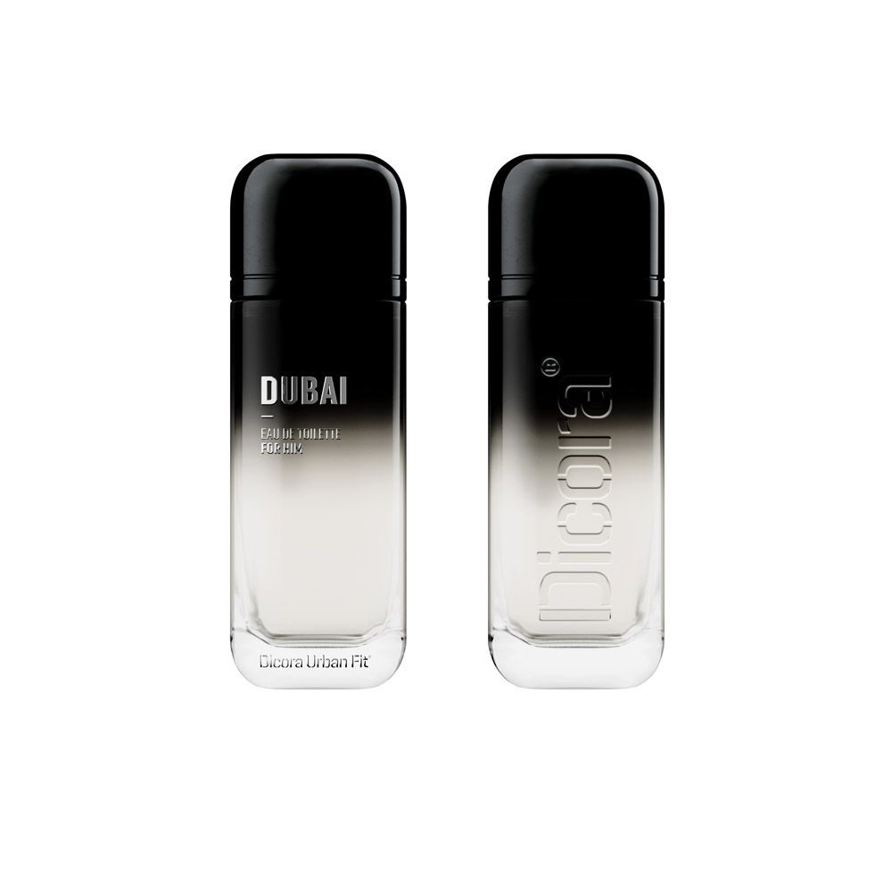 Zwei Flakons Eau de Toilette. Schwarz-weiße Farbverlauf. Aufschrift: DUBAI, Eau de Toilette für Ihn. Unten: Dicora Urban Fit.