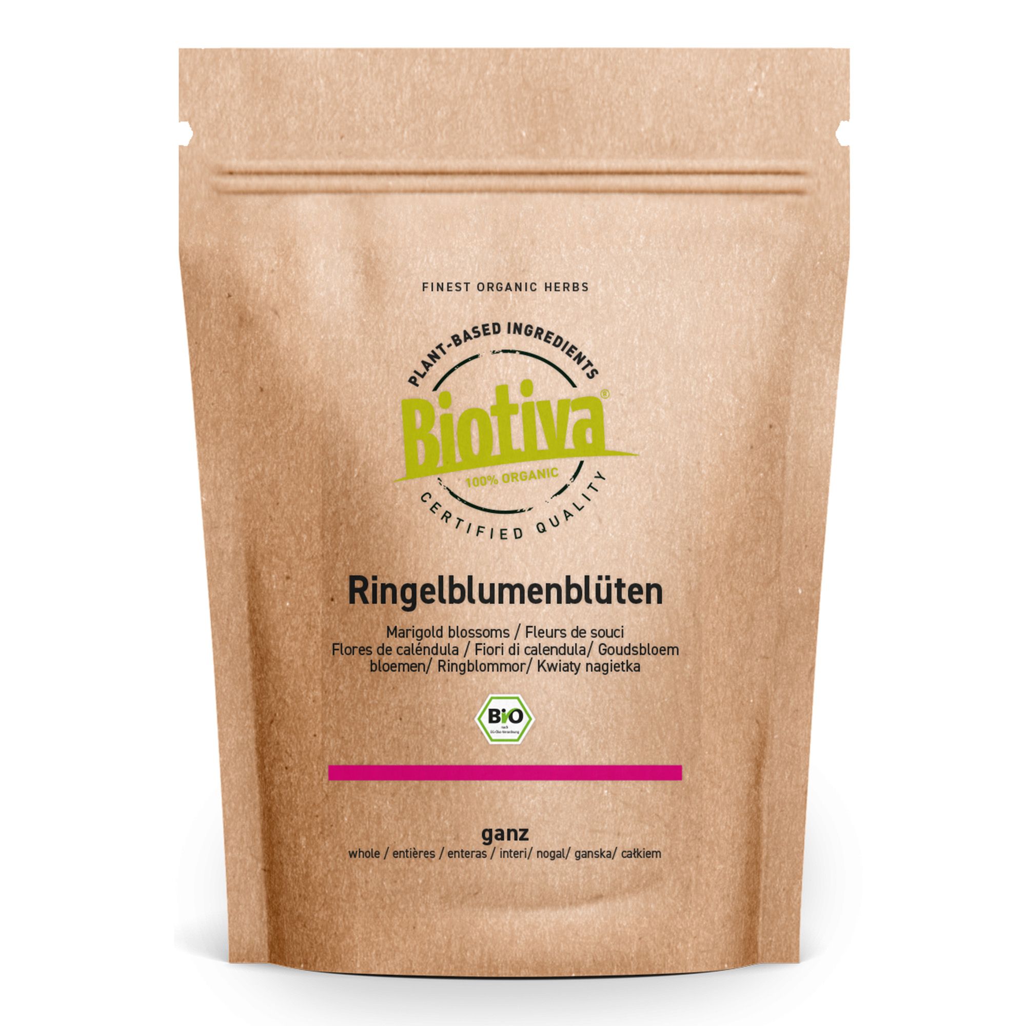 Biotiva Ringelblumenblüten Tee Bio: Braune Papiertüte mit Siegeln und Produktinformationen.