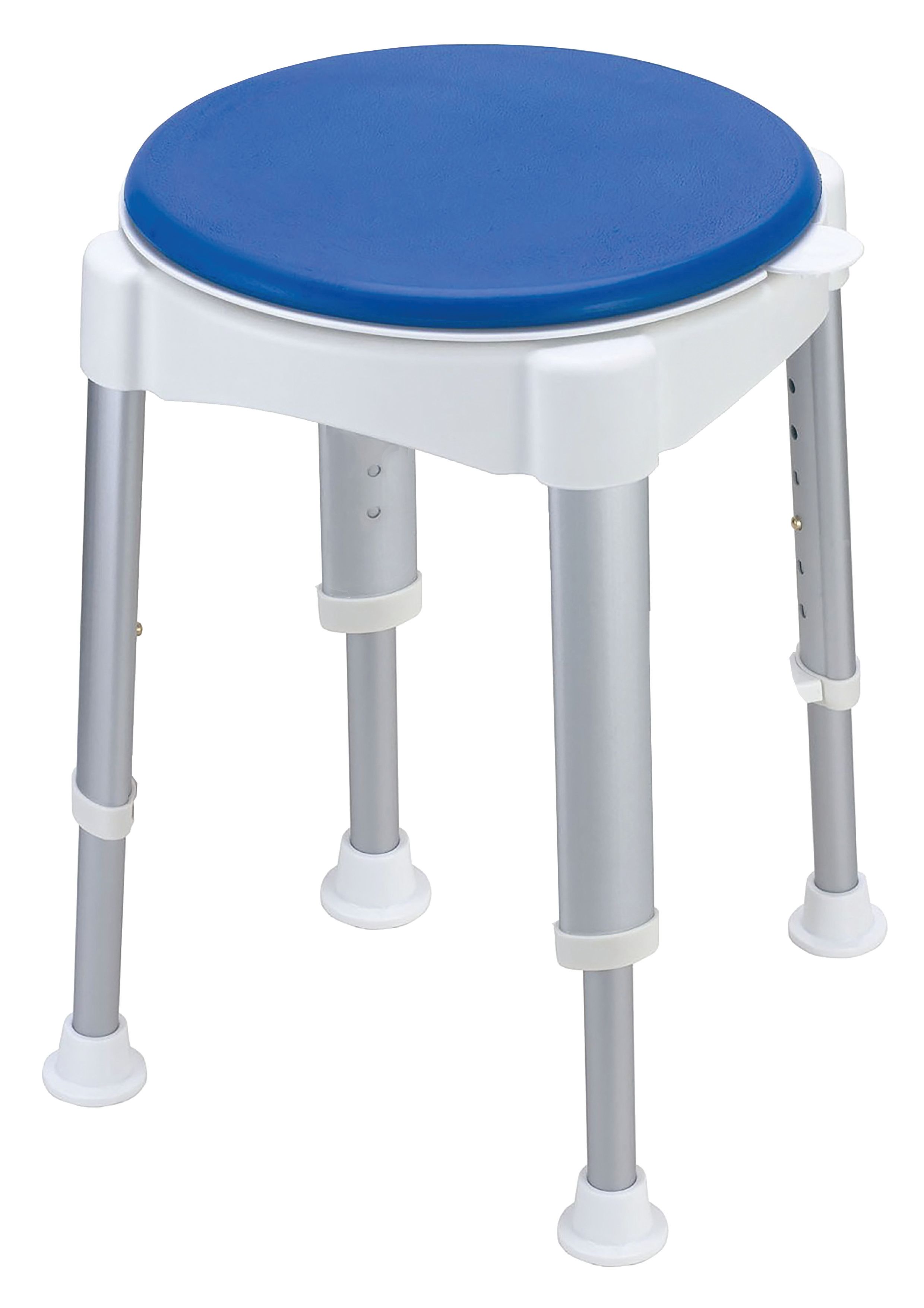 Runder Duschhocker mit blauem Sitz, höhenverstellbar, mit Ablagefach. Aluminiumbeine, weißes Gestell.