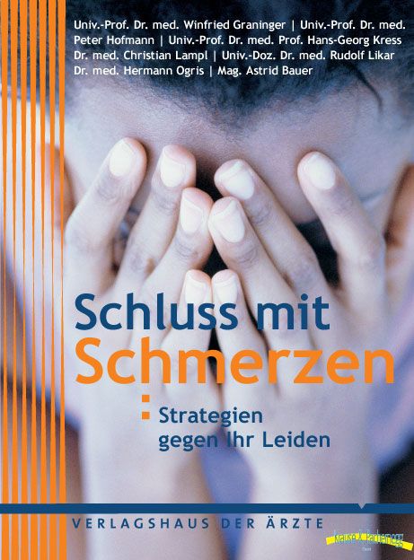 Buchcover mit Titel "Schluss mit Schmerzen". Hände bedecken Gesicht. Autorennamen oben. Verlagshaus der Ärzte.