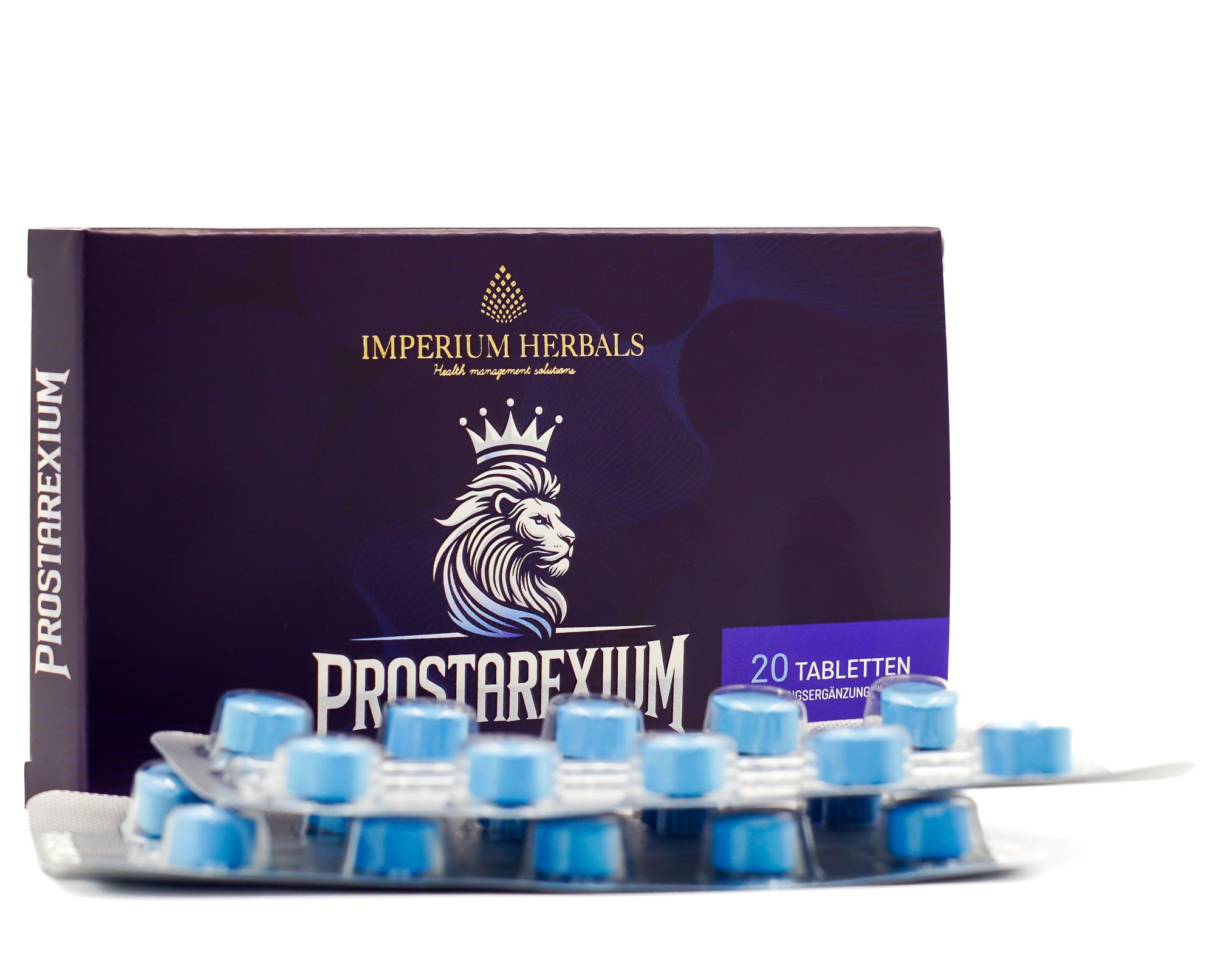 Schachtel und Blisterpackung mit Tabletten. Auf der Schachtel steht "PROSTAREXIUM" und "20 Tabletten". Marke: Imperium Herbals.