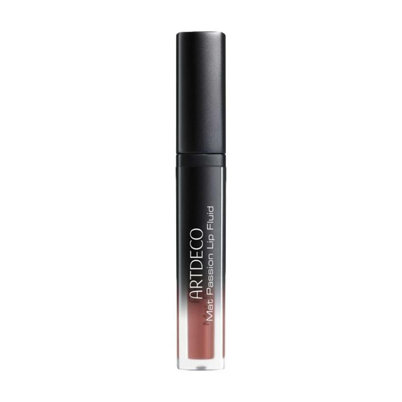 Artdeco Mat Passion Lip Fluid. Schwarzer Deckel, transparente Hülse mit braunem Inhalt. Schriftzug.