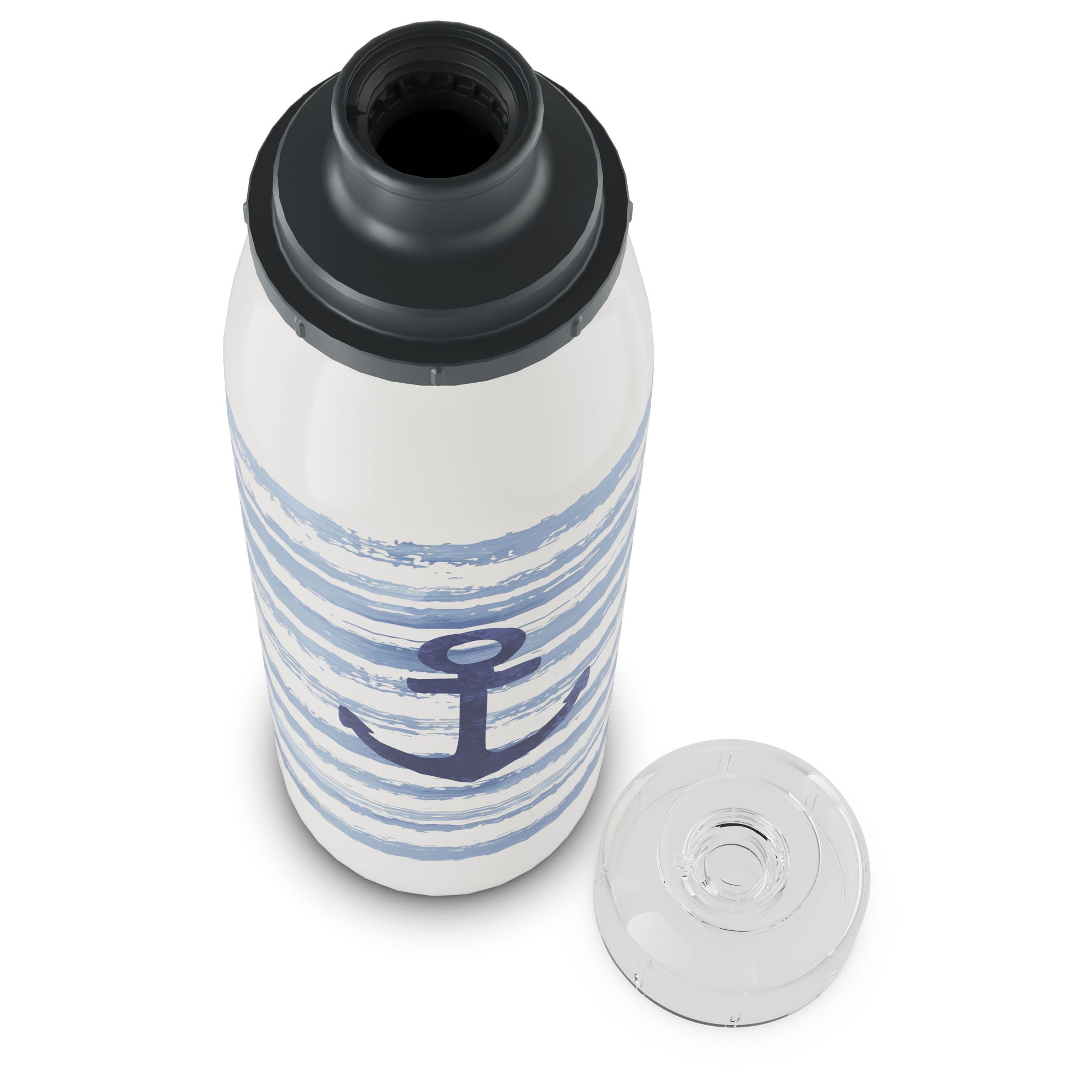 Weiße Trinkflasche mit blauem Anker und Streifen, geöffneter Deckel daneben.