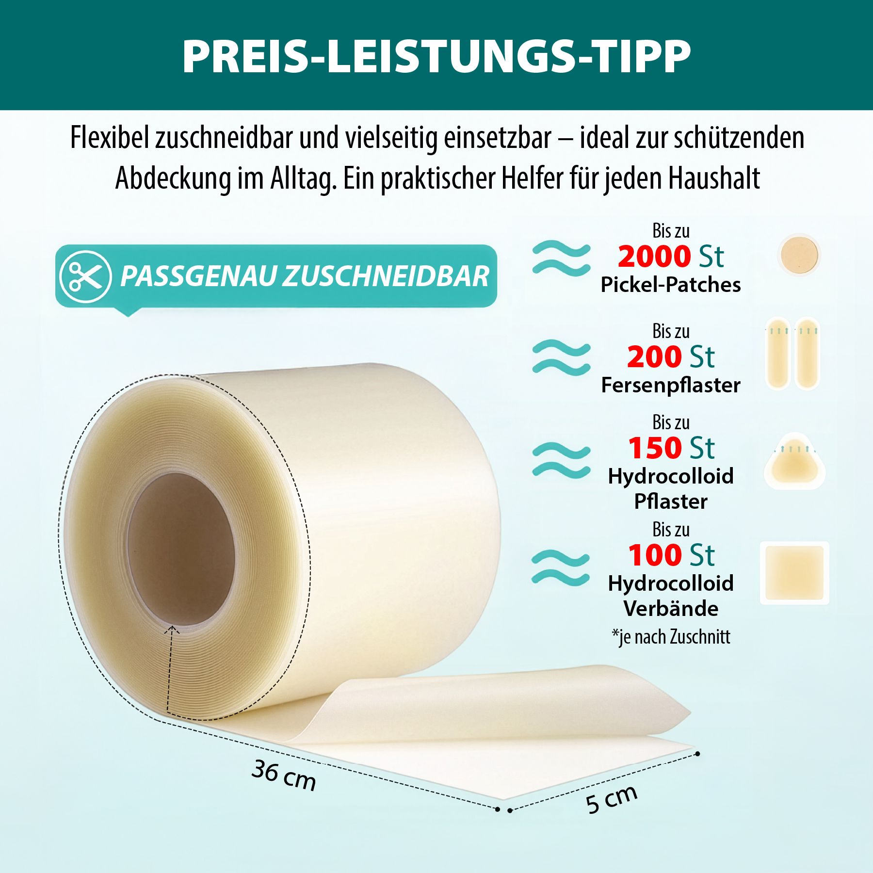 P-Beauty Wundpflaster Hydrocolloid Verband Rolle Selbstklebend Wasserfest