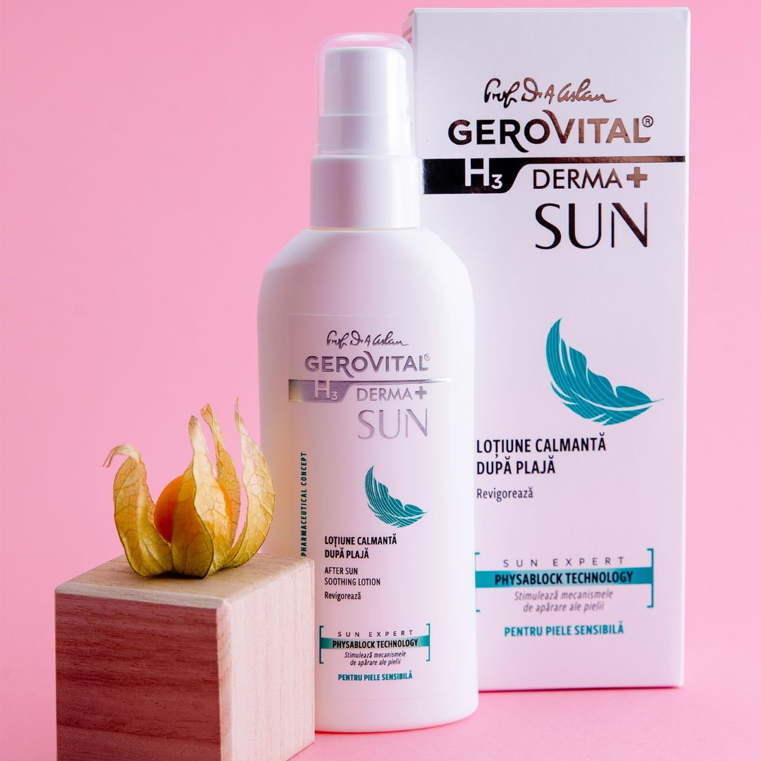 Weiße Flasche und Karton. Aufschrift: Gerovital H3 Derma+ Sun. Text: After Sun Soothing Lotion. Mit Physalis-Frucht.