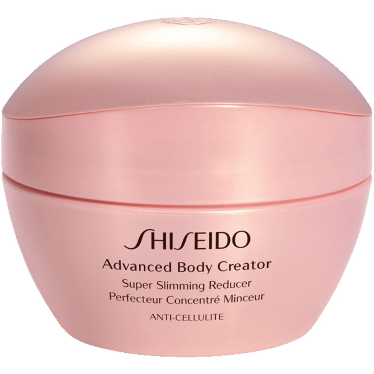 Rosa Creme-Dose mit Deckel. Aufschrift: SHISEIDO, Advanced Body Creator, Super Slimming Reducer, Perfecteur Concentré Minceur, ANTI-CELLULITE.