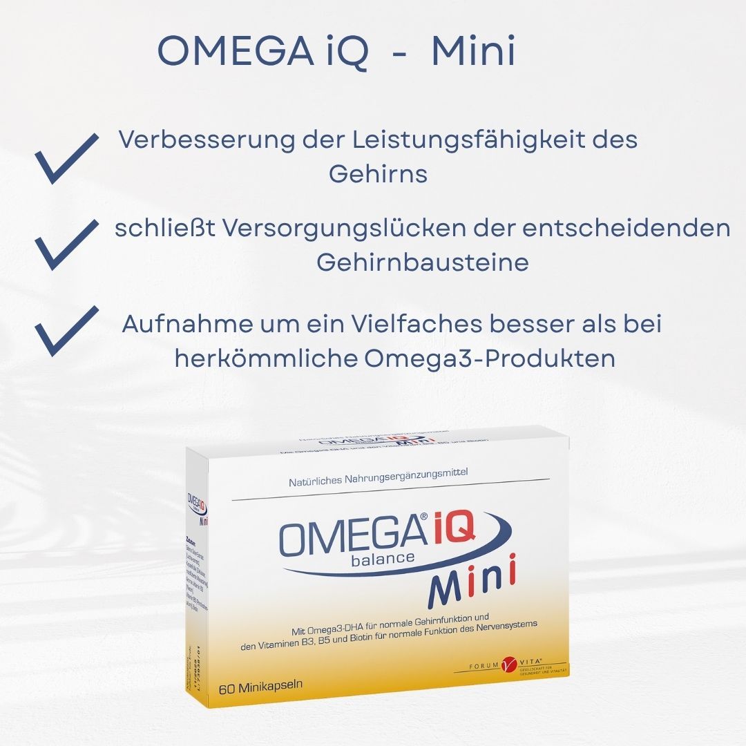 OMEGA IQ Mini-Verpackung. Text: Natürliches Nahrungsergänzungsmittel. 60 Mini-Kapseln. Verbessert die Gehirnleistung. Schließt Versorgungslücken.