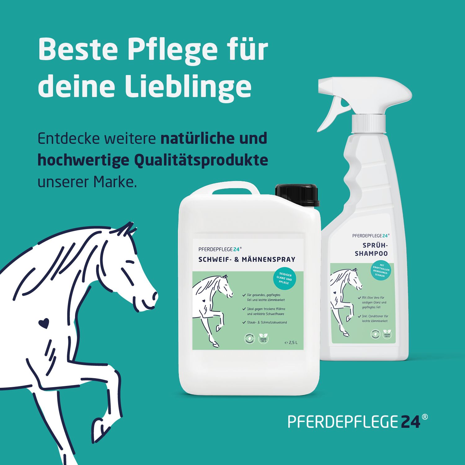 Zwei Produkte: Sprühflasche und Kanister. Text: Pferdepflege24. Produkte für Schweif & Mähne und Sprüh-Shampoo. Abbildung eines Pferdes.