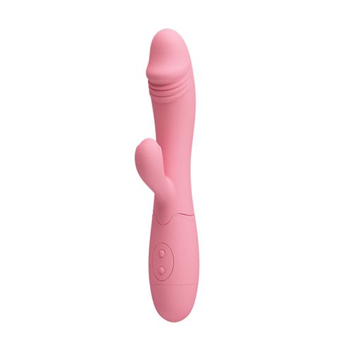 Rosa Vibrator mit abgerundeter Spitze und gebogener Form. Zwei Knöpfe am unteren Ende. Aus Silikon.
