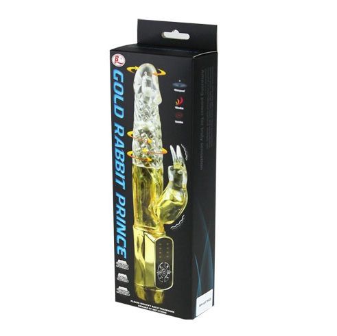 Gold Rabbit Prince Vibrator in Verpackung. Goldfarbenes Gehäuse, transparenter Kopf, schwarze Verpackung mit Produktnamen und Logos.