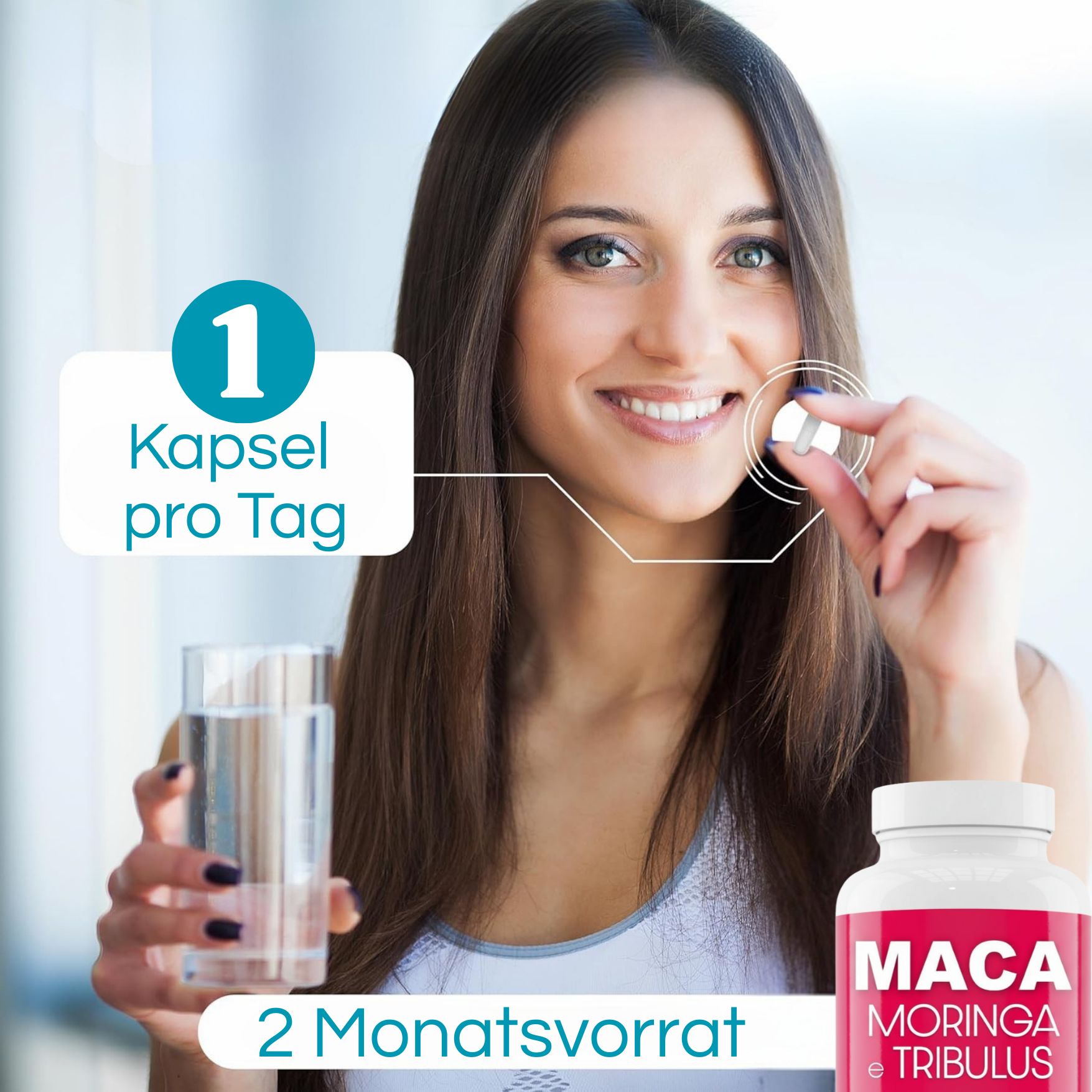 Flasche des Nahrungsergänzungsmittels vor floralem Hintergrund mit Text über natürliche Inhaltsstoffe.