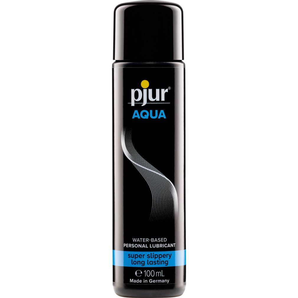 Schwarze Flasche mit blauem Streifen und weißer Grafik. Aufschrift: pjur AQUA. Text: water-based personal lubricant, super slippery long lasting.