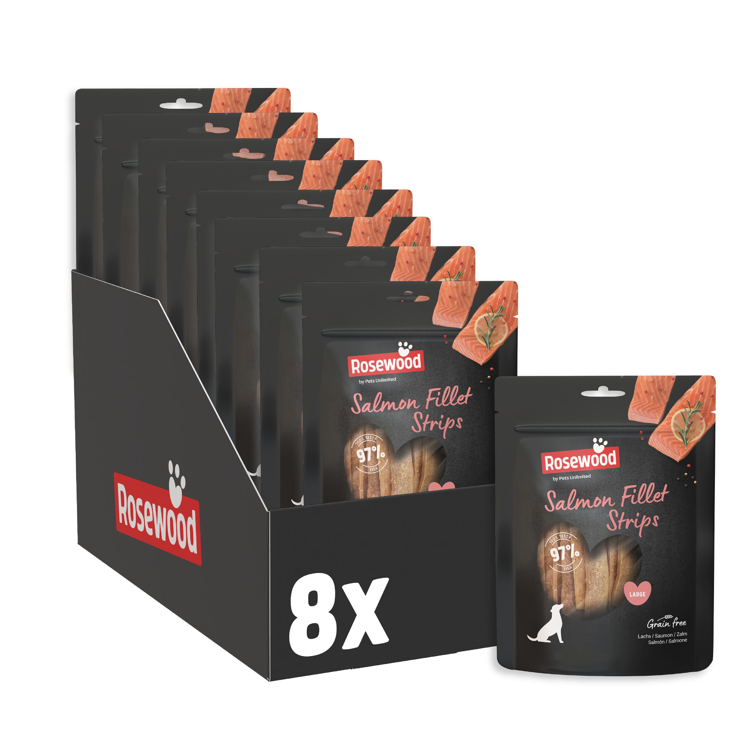 Schwarzer Karton mit Beuteln. Aufdruck: Rosewood, Lachs-Filet-Streifen, 97%. Einzelbeutel mit Produkt. 8x Aufdruck.