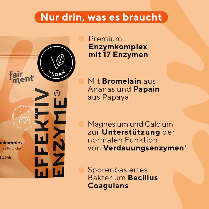 Beige Produktverpackung mit Text. Text: Premium Enzymkomplex mit 17 Enzymen, Bromelain, Papain, Magnesium, Calcium, Bacillus Coagulans.